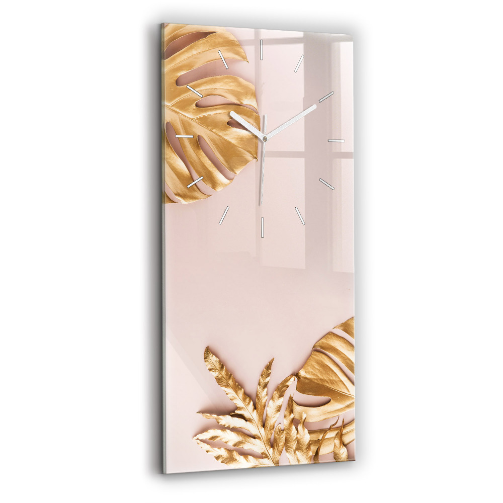 Zegar szklany Złote liście tropikalne