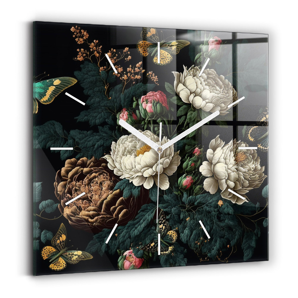 Zegar szklany Kwiat i złote motyle