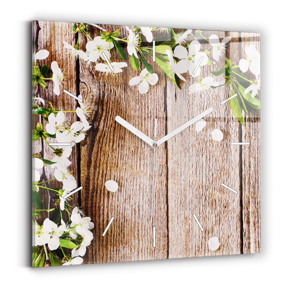 Zegar szklany Kwiaty na drewnie
